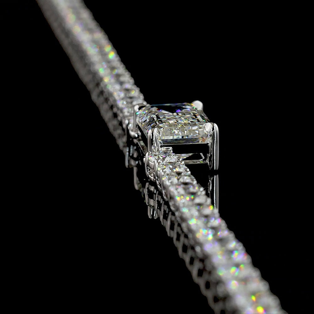 14K White Gold Tennis Necklace with 2.07 Carats Emerald Cut East-West Center and 138 Brilliant Cut Lab Diamonds - 11.70 Carats Total Diamond Weight - Covaloro Fine Jewelry