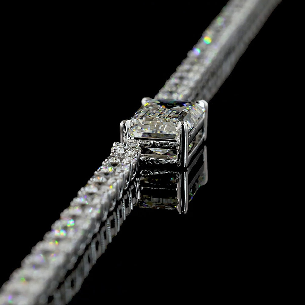 14K White Gold Tennis Necklace with 2.07 Carats Emerald Cut East-West Center and 138 Brilliant Cut Lab Diamonds - 11.70 Carats Total Diamond Weight - Covaloro Fine Jewelry