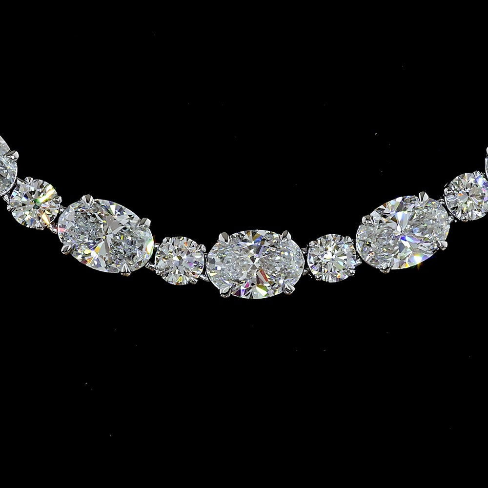 14K White Gold Tennis Necklace with 38 Round Brilliant and 44 Oval Cut Lab Diamonds - 31.03 Carat Total Weight - Covaloro Fine Jewelry