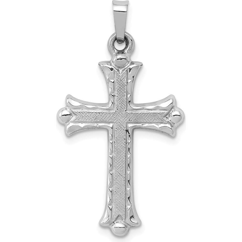 14K White Gold Textured and Polished Fleur de lis Cross Pendant - 32.5mm Length by Oro Pregiato