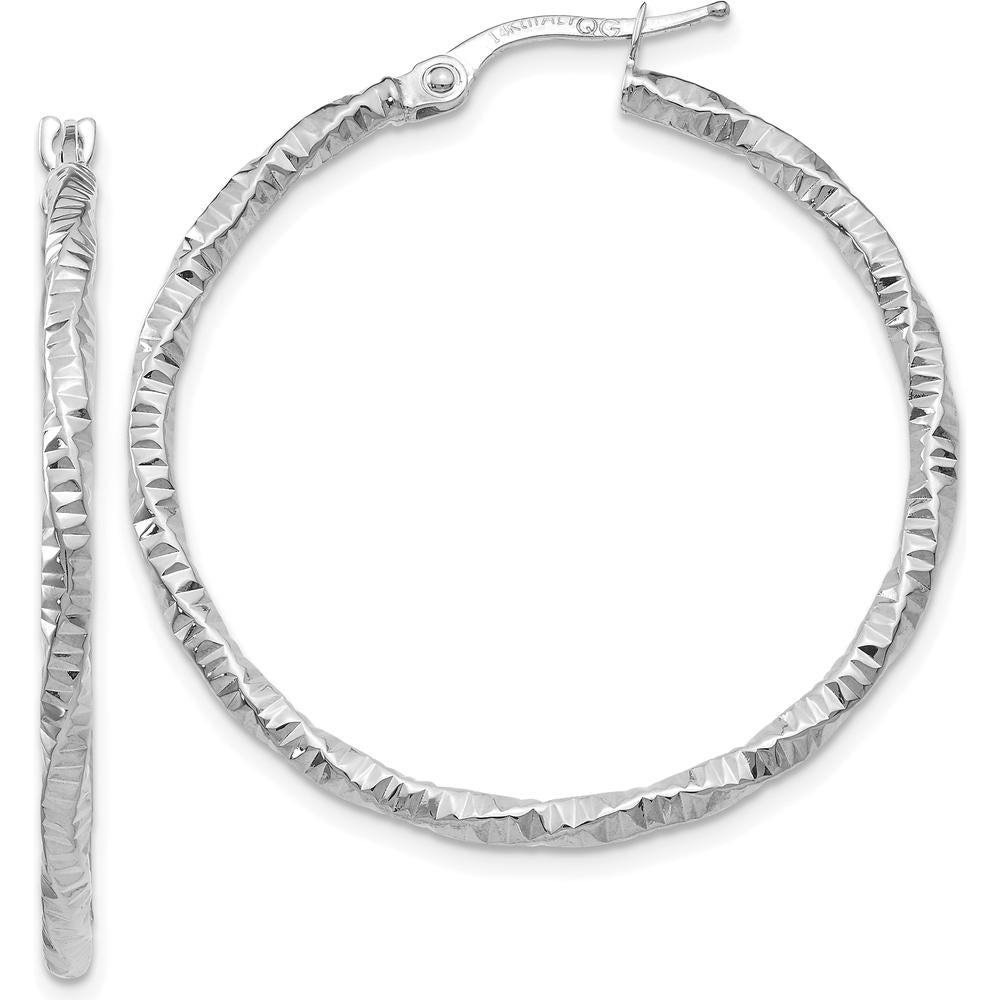 14K White Gold Textured and Polished Hoop Earrings with Rhodium Plating - 34.5mm by 0