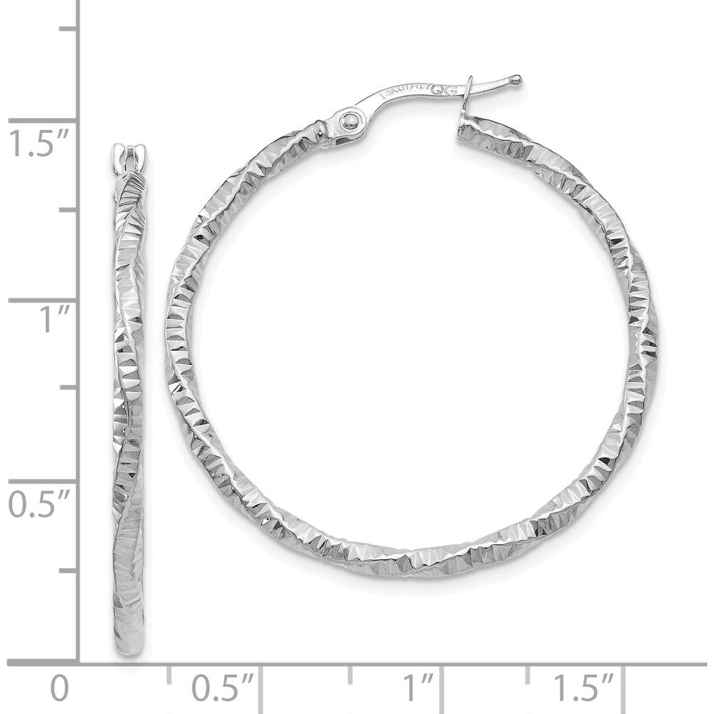 14K White Gold Textured and Polished Hoop Earrings with Rhodium Plating - 34.5mm by 0