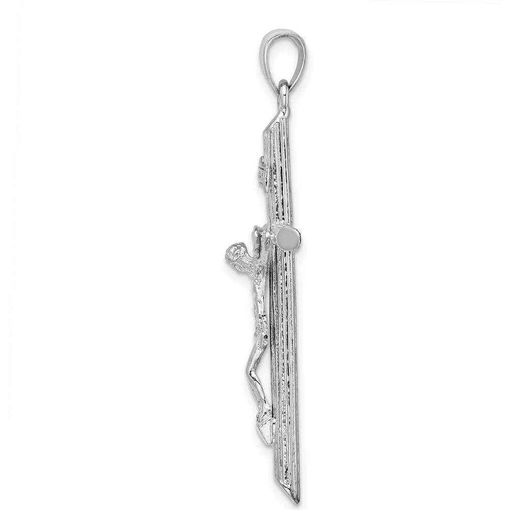 14K White Gold Textured Crucifix Charm - 47mm Length, Rhodium Plated by Oro Pregiato