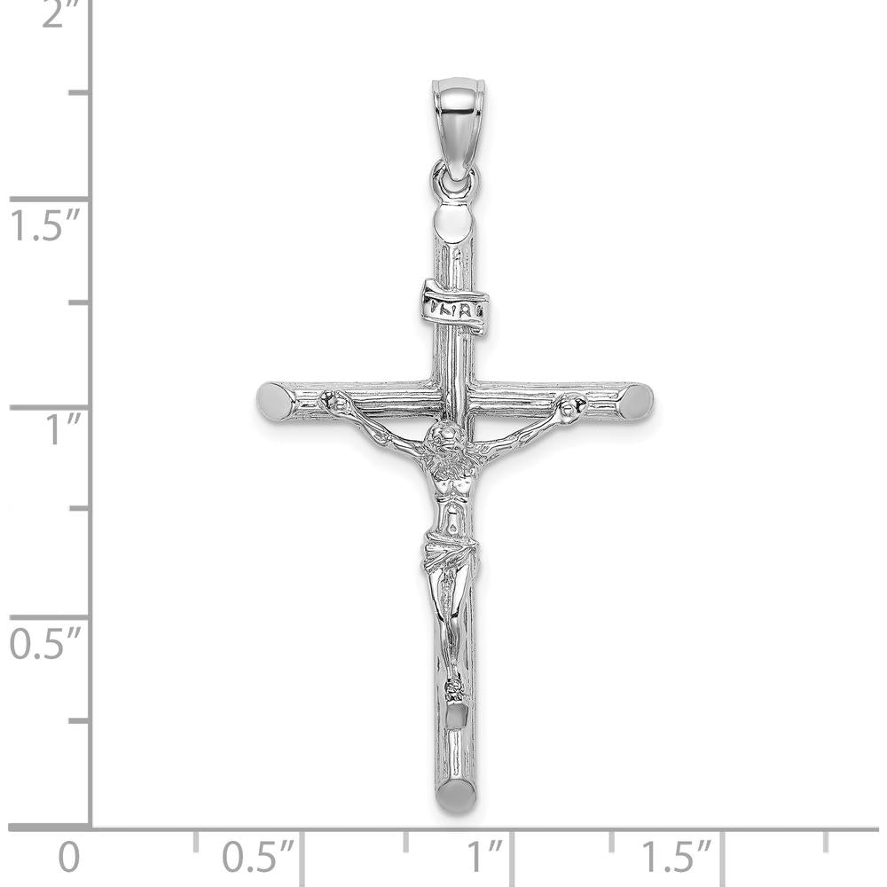 14K White Gold Textured Crucifix Charm - 47mm Length, Rhodium Plated by Oro Pregiato