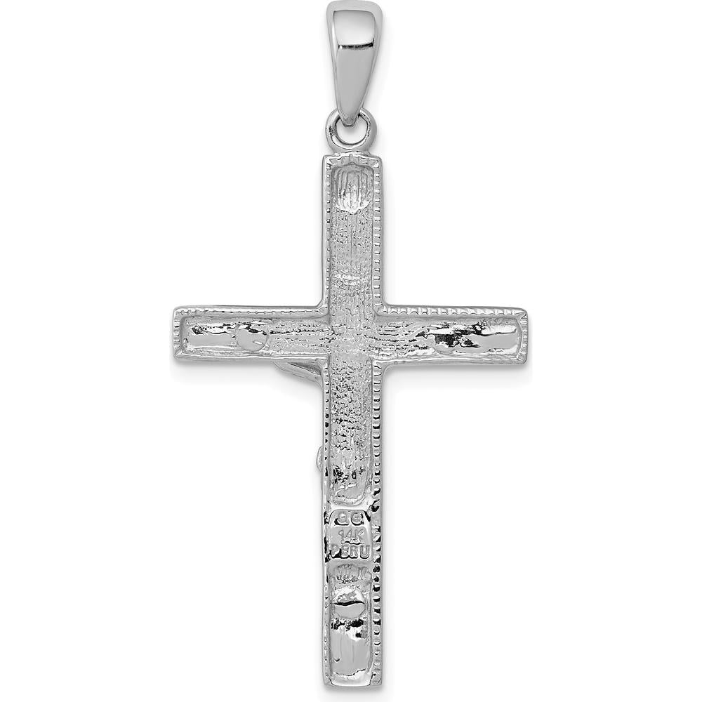 14K White Gold Textured Crucifix Pendant with Polished Finish - Rhodium Plated by Oro Pregiato