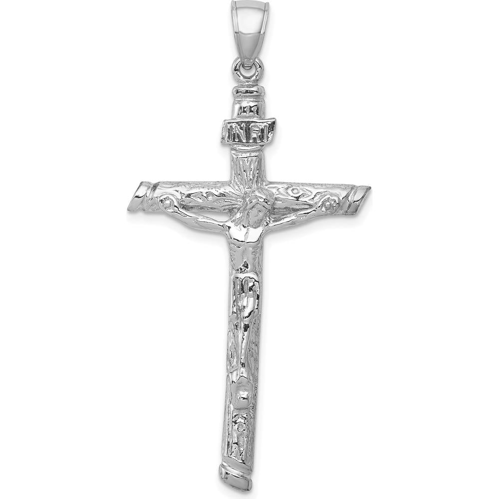 14K White Gold Textured INRI Crucifix Pendant with Rhodium Plating - 52mm Length by Oro Pregiato