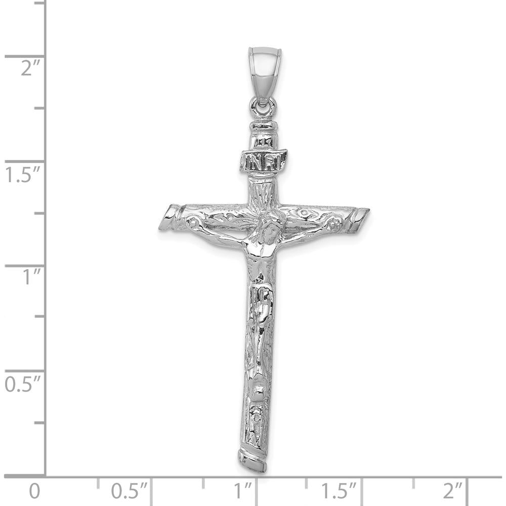 14K White Gold Textured INRI Crucifix Pendant with Rhodium Plating - 52mm Length by Oro Pregiato