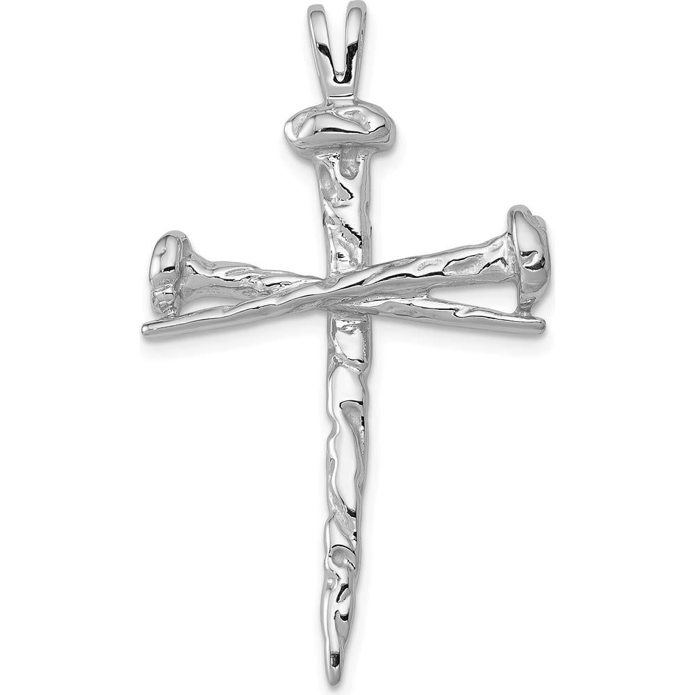 14K White Gold Textured Nail Cross Pendant - Rhodium Plated, 42mm Length by Oro Pregiato