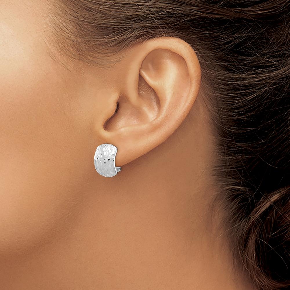 14K White Gold Textured Omega Back Earrings with Polished Rhodium Finish by 0