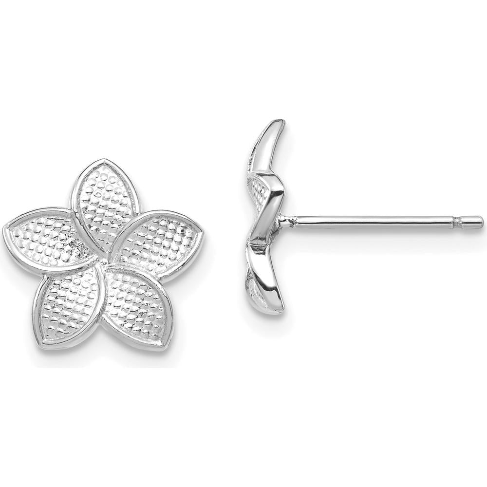 14K White Gold Textured Plumeria Flower Stud Earrings - Polished & Rhodium-Plated Finish by 0