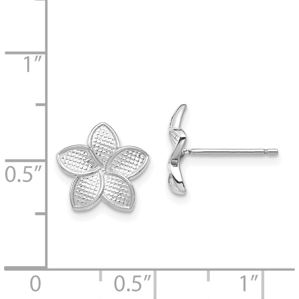 14K White Gold Textured Plumeria Flower Stud Earrings - Polished & Rhodium-Plated Finish by 0