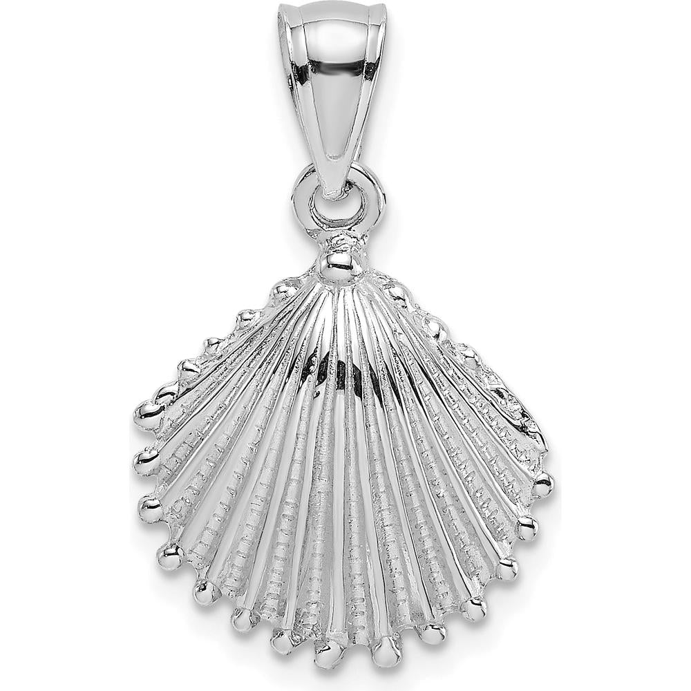 14K White Gold Textured Scallop Shell Pendant Charm with Rhodium Plating by Oro Pregiato