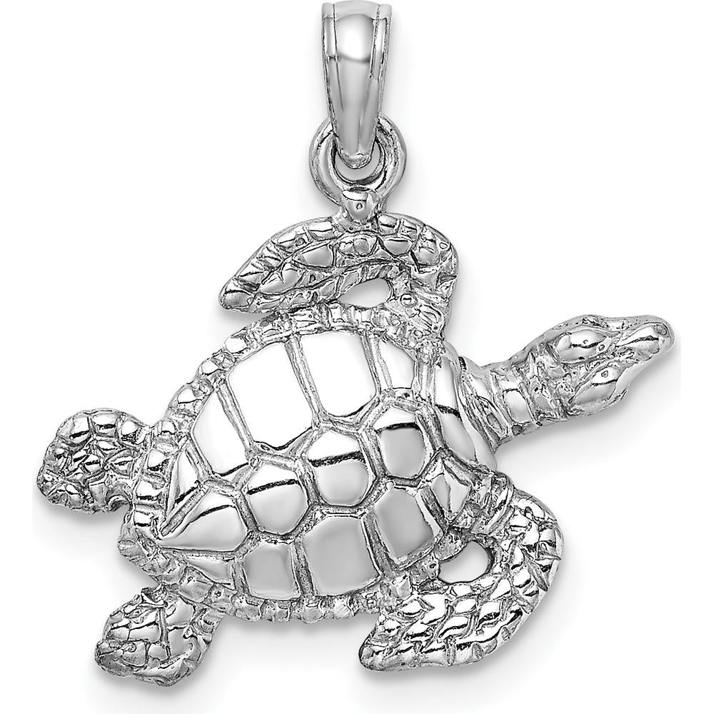 14K White Gold Textured Sea Turtle Charm - Nature Inspired Ocean Pendant by Oro Pregiato