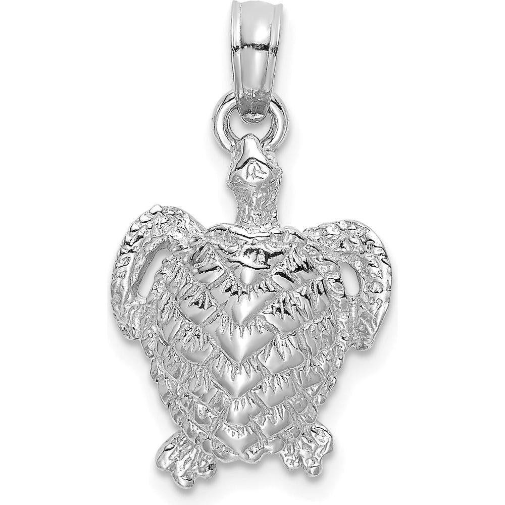 14K White Gold Textured Sea Turtle Charm Pendant - Polished Rhodium Finish by Oro Pregiato