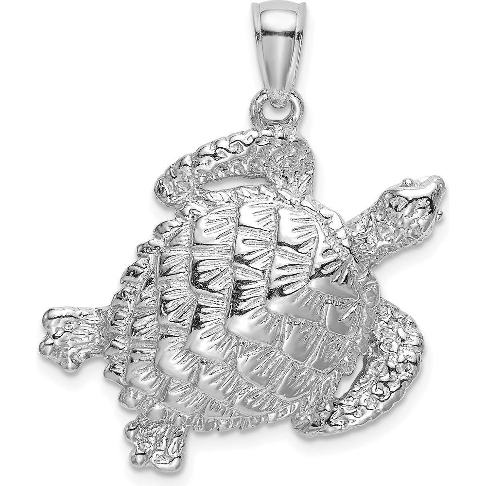 14K White Gold Textured Sea Turtle Charm Pendant with Polished Finish by Oro Pregiato