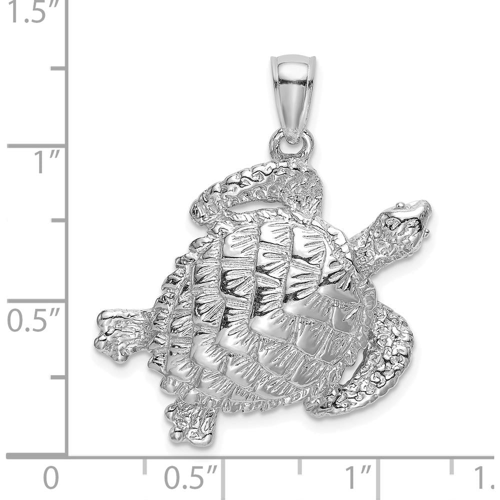 14K White Gold Textured Sea Turtle Charm Pendant with Polished Finish by Oro Pregiato