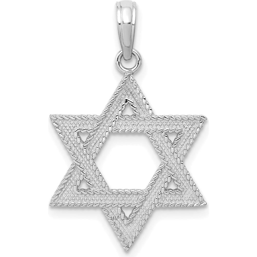 14K White Gold Textured Star of David Pendant Charm with Rhodium Plating by Oro Pregiato