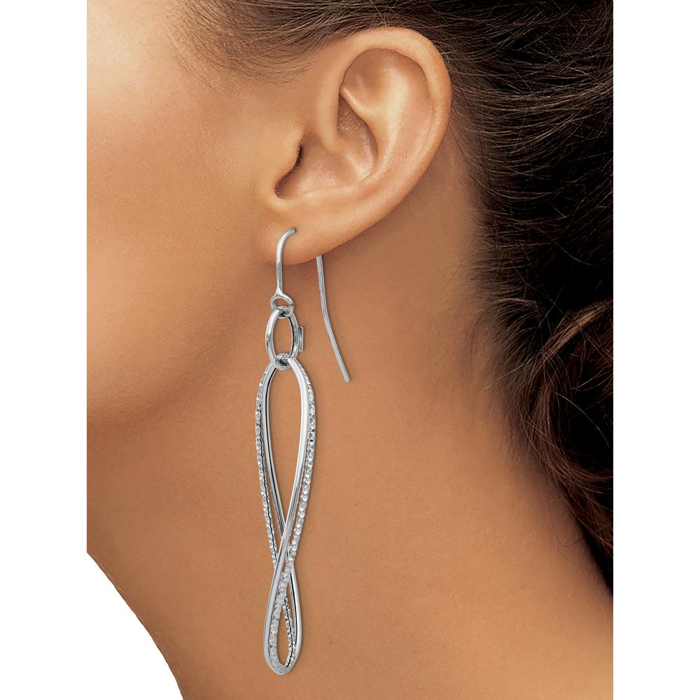 14K White Gold Textured Twisted Dangle Shepherd Hook Earrings - Polished Finish by Oro Pregiato