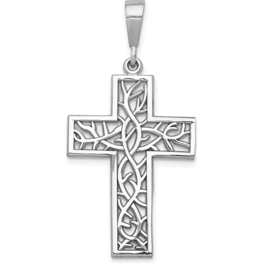 14K White Gold Thorn Cross Pendant with Rhodium Plating by Oro Pregiato