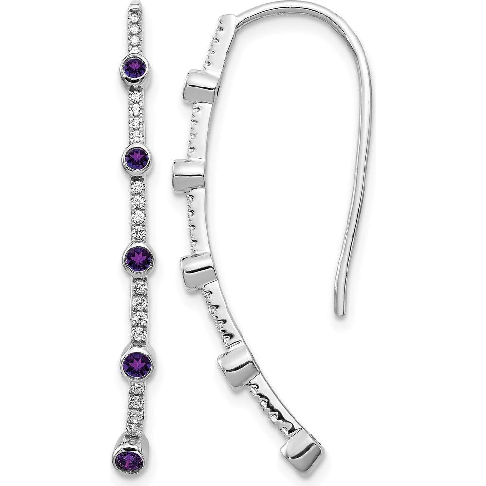 14K White Gold Threader Earrings with Round Amethyst and Diamonds - 0.14 Carat Total Gem Weight by Monteluci Fine Jewelry