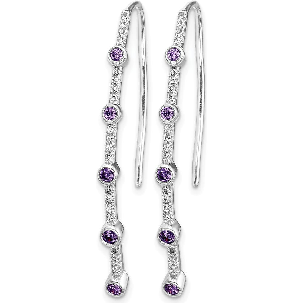 14K White Gold Threader Earrings with Round Amethyst and Diamonds - 0.14 Carat Total Gem Weight by Monteluci Fine Jewelry