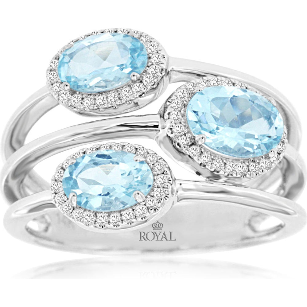 14K White Gold Three-Band Halo Ring with Oval Aquamarine and Round Diamonds - 1.50 Carat Aquamarine and 0.20 Carat Diamond Total Weight - Royal Jewelry