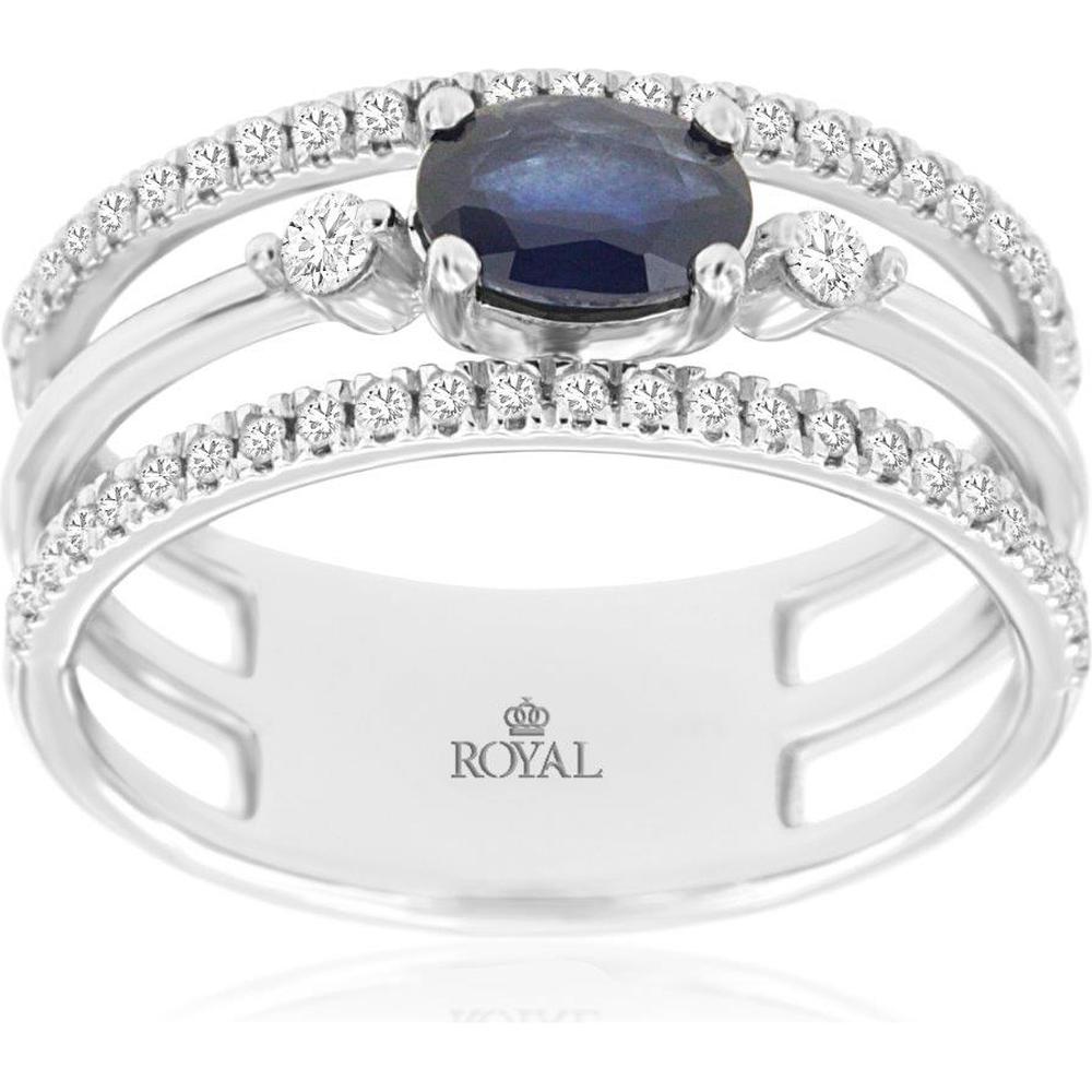14K White Gold Three-Band Ring with 0.65 Carat Oval Sapphire and 0.33 Carat Round Brilliant Diamonds - Royal Jewelry