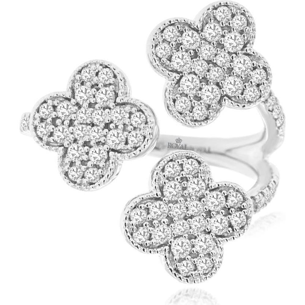 14K White Gold Three Flower Diamond Ring with Round Diamonds and Vintage-Inspired Milgrain Detail - 0.75 Carat Total Diamond Weight - Royal Jewelry