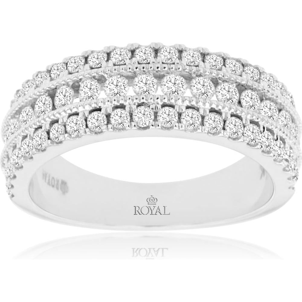 14K White Gold Three-Row Band with Round Brilliant Cut Diamonds - 1.006 Carat Total Diamond Weight - Royal Jewelry
