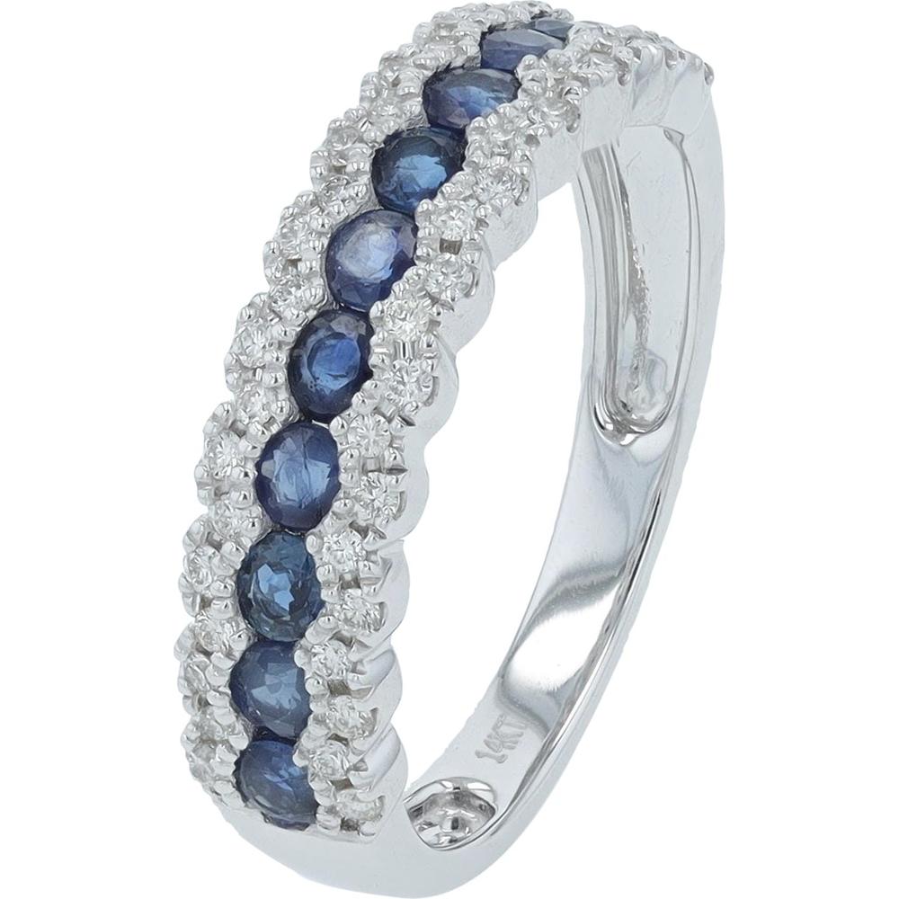 14K White Gold Three Row Band with Round Sapphires and Diamonds - 0.80 Carats Sapphire, 0.25 Carats Diamond