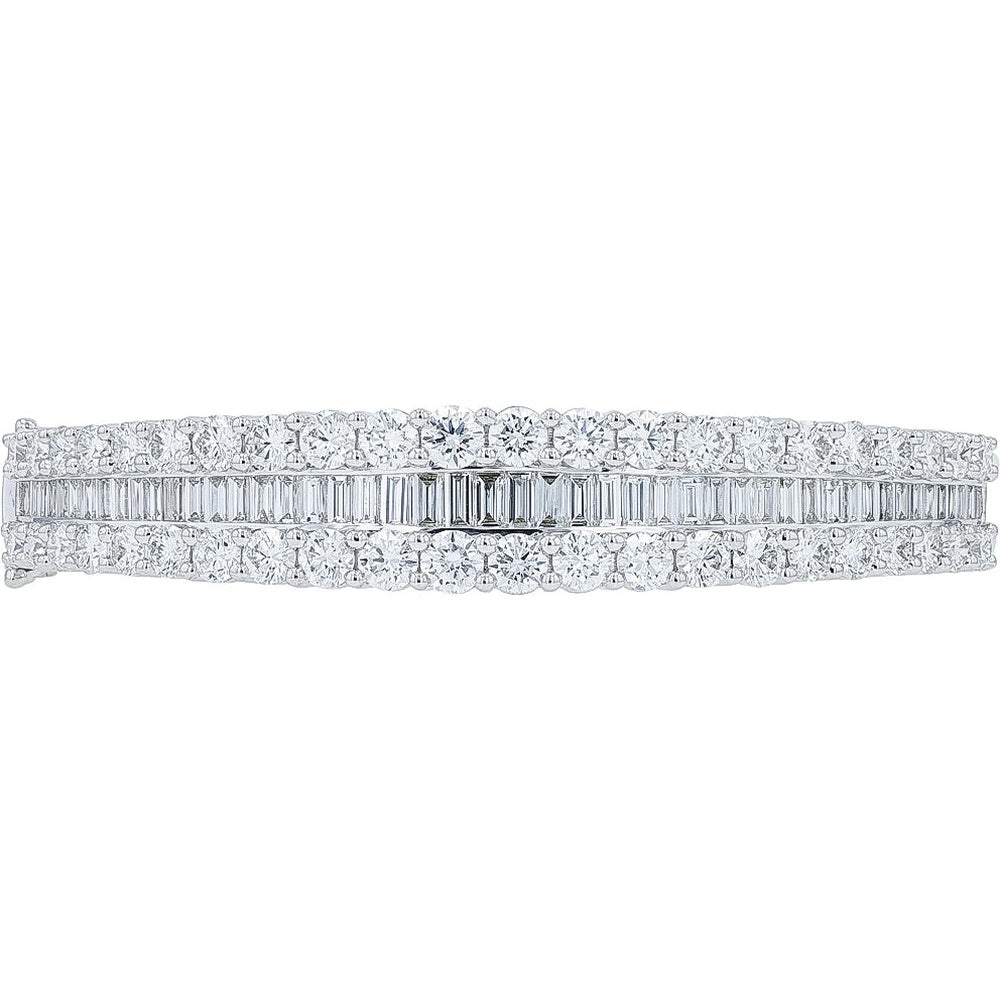 14K White Gold Three-Row Bangle Bracelet with Round and Baguette Lab Grown Diamonds - 8.47 Carat Total Diamond Weight
