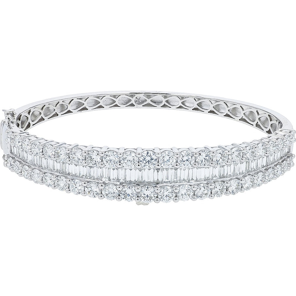 14K White Gold Three-Row Bangle Bracelet with Round and Baguette Lab Grown Diamonds - 8.47 Carat Total Diamond Weight