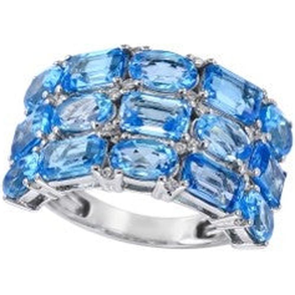 14K White Gold Three Row Blue Topaz and Diamond Ring - 7.74 Carat Blue Topaz, 0.17 Carat Diamond Total Weight