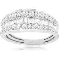 14K White Gold Three-Row Diamond Band with Baguette and Round Brilliant Cut Diamonds - 0.98 Carat Total Weight - Royal Jewelry