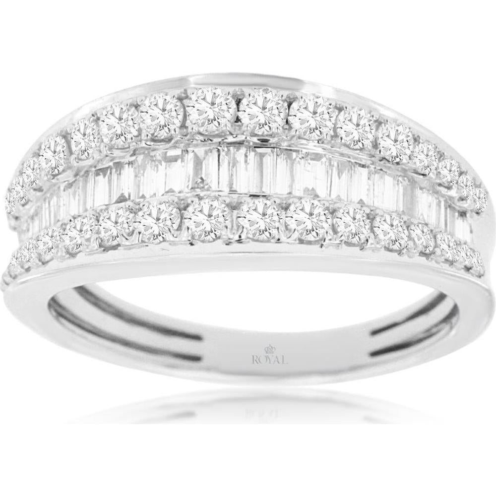 14K White Gold Three-Row Diamond Band with Baguette and Round Brilliant Cut Diamonds - 0.98 Carat Total Weight - Royal Jewelry