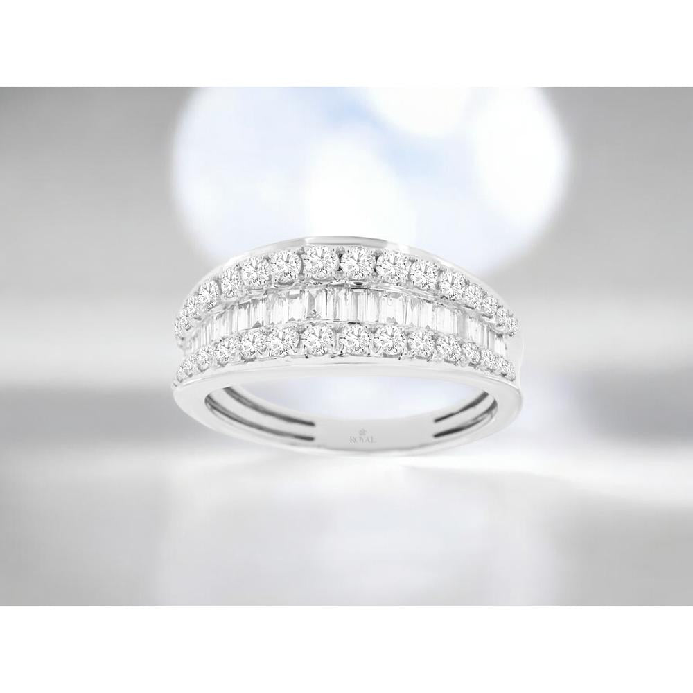 14K White Gold Three-Row Diamond Band with Baguette and Round Brilliant Cut Diamonds - 0.98 Carat Total Weight - Royal Jewelry