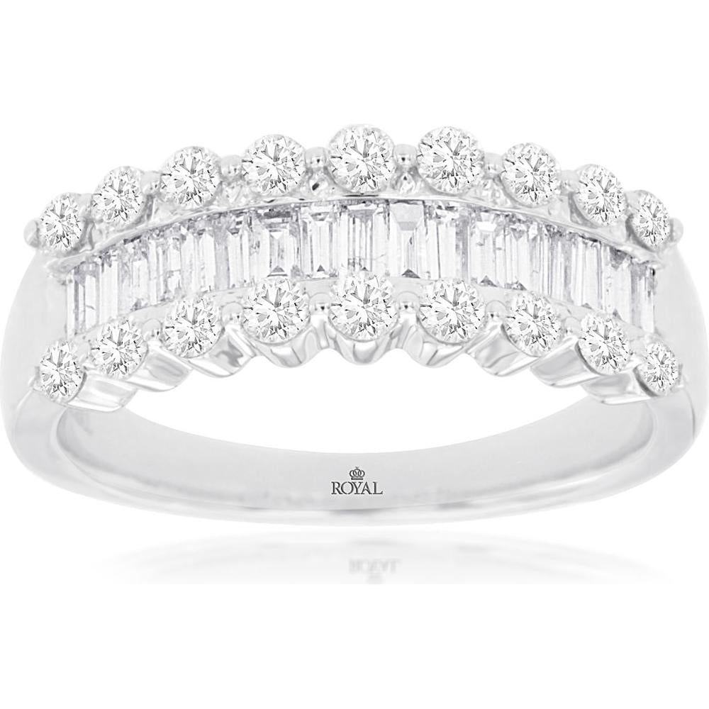 14K White Gold Three-Row Diamond Band with Baguette and Round Cut Diamonds - 1.00 Carat Total Diamond Weight - Royal Jewelry