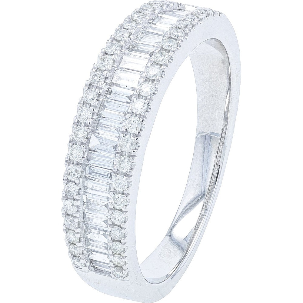 14K White Gold Three-Row Diamond Band with Channel-Set Baguette and Pave-Set Round Diamonds - 0.65 Carat Total Diamond Weight