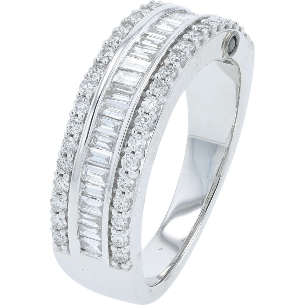 14K White Gold Three-Row Diamond Band with Channel-Set Baguette and Prong-Set Round Diamonds - 0.75 Carat Total Diamond Weight
