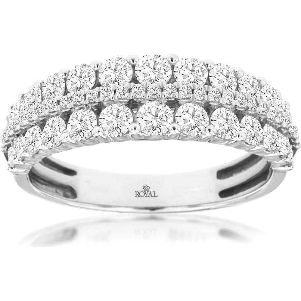 14K White Gold Three-Row Diamond Band with Round Brilliant Cut Stones - 1.18 Carat Total Diamond Weight - Royal Jewelry