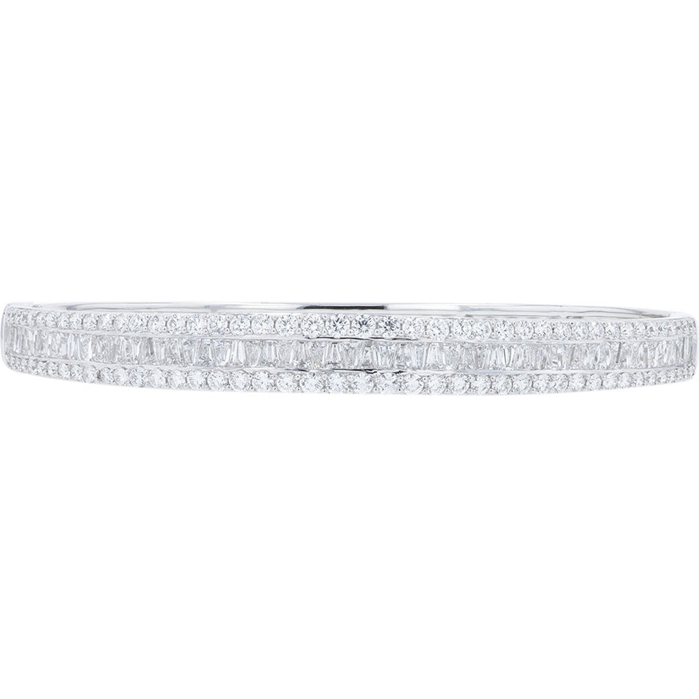 14K White Gold Three-Row Diamond Bangle with Channel-Set Baguette and Prong-Set Round Lab Grown Diamonds - 3.50 Carat Total Diamond Weight
