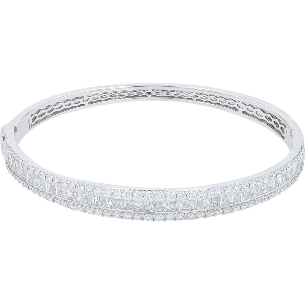 14K White Gold Three-Row Diamond Bangle with Channel-Set Baguette and Prong-Set Round Lab Grown Diamonds - 3.50 Carat Total Diamond Weight