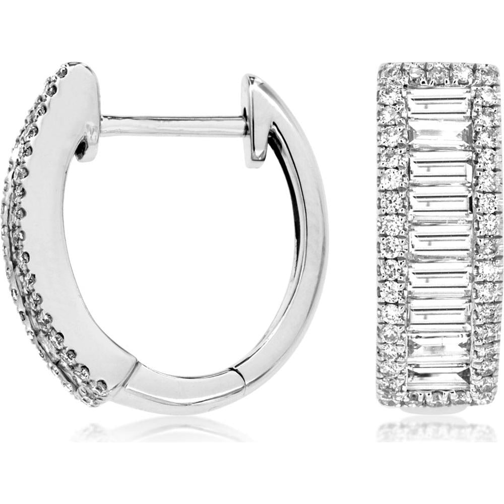 14K White Gold Three-Row Diamond Hoop Earrings with Baguette and Round Cut Diamonds - 1.02 Carat Total Diamond Weight - Royal Jewelry