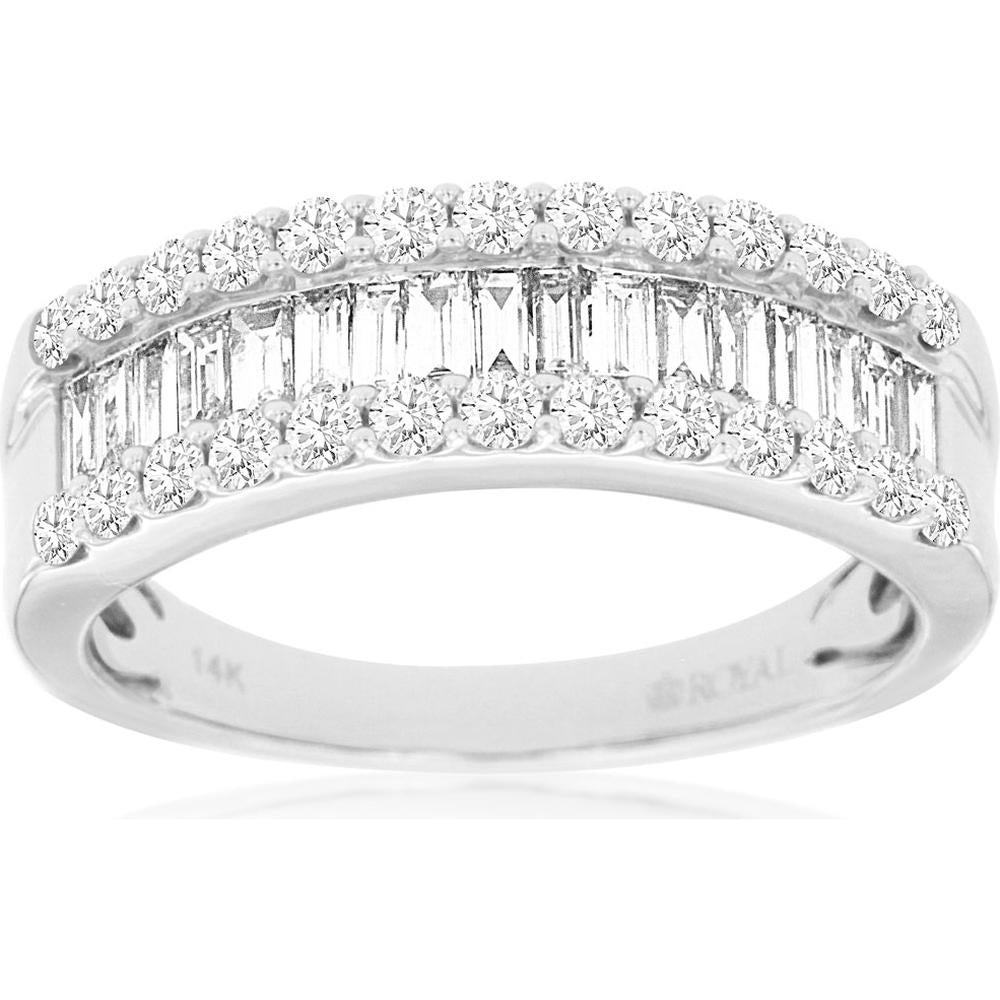 14K White Gold Three-Row Diamond Ring with Round Brilliant and Baguette Cut Diamonds - 1.00 Carat Total Diamond Weight - Royal Jewelry