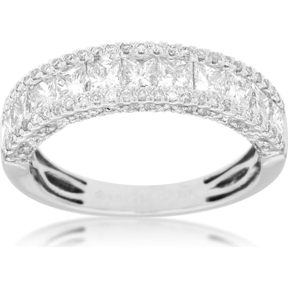 14K White Gold Three Row Diamond Wedding Band with Princess Cut and Round Brilliant Diamonds - 1.27 Carat Total Diamond Weight - Royal Jewelry