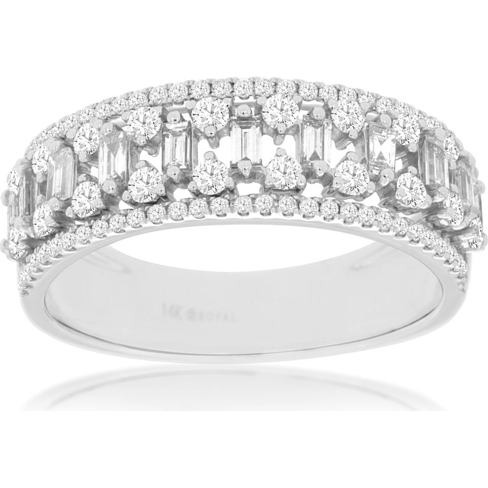 14K White Gold Three-Row Diamond Wedding Band with Round and Baguette Diamonds - 0.77 Carat Total Diamond Weight - Royal Jewelry