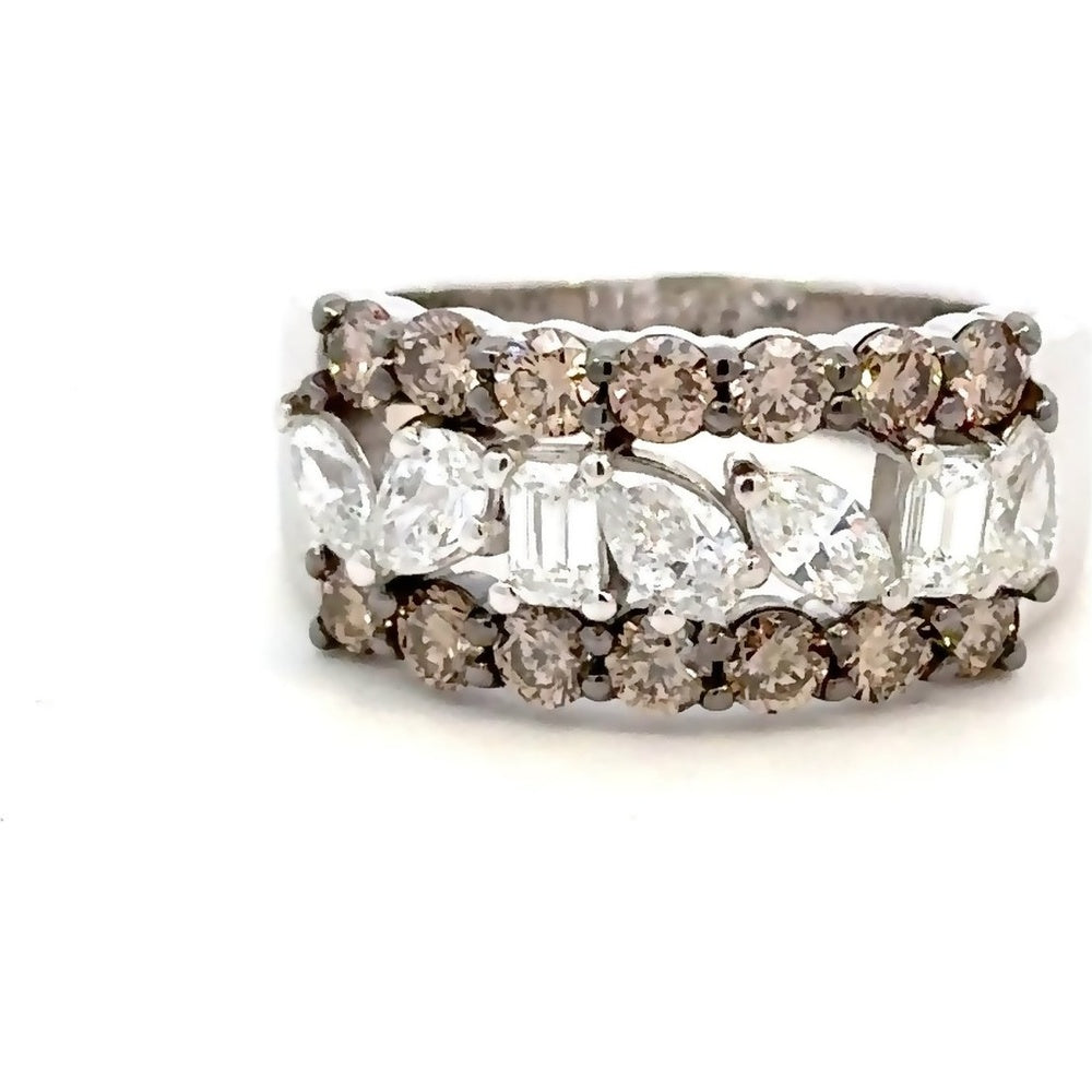 14K White Gold Three Row Fashion Ring with Pear and Emerald Cut White Diamonds and Round Champagne Diamonds - 1.95 Carat Total Diamond Weight by Auriventus