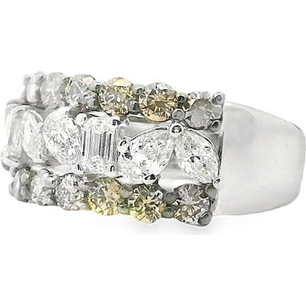 14K White Gold Three Row Fashion Ring with Pear and Emerald Cut White Diamonds and Round Champagne Diamonds - 1.95 Carat Total Diamond Weight by Auriventus