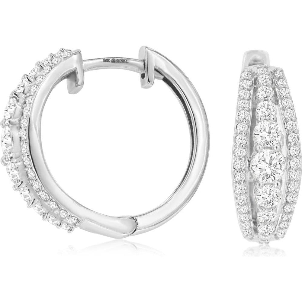 14K White Gold Three-Row Huggie Hoop Earrings with Pave and Prong-Set Round Diamonds - 0.90 Carat Total Diamond Weight - Royal Jewelry