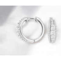 14K White Gold Three-Row Huggie Hoop Earrings with Pave and Prong-Set Round Diamonds - 0.90 Carat Total Diamond Weight - Royal Jewelry